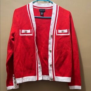 Red and White Cardigan with Button Details